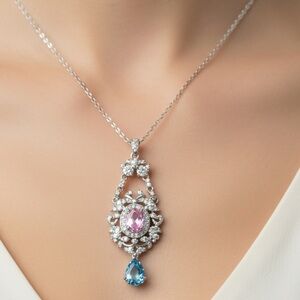 Sterling Silver Pink Blue Cubic Zircon Exquisite Trendy Pendant Necklace